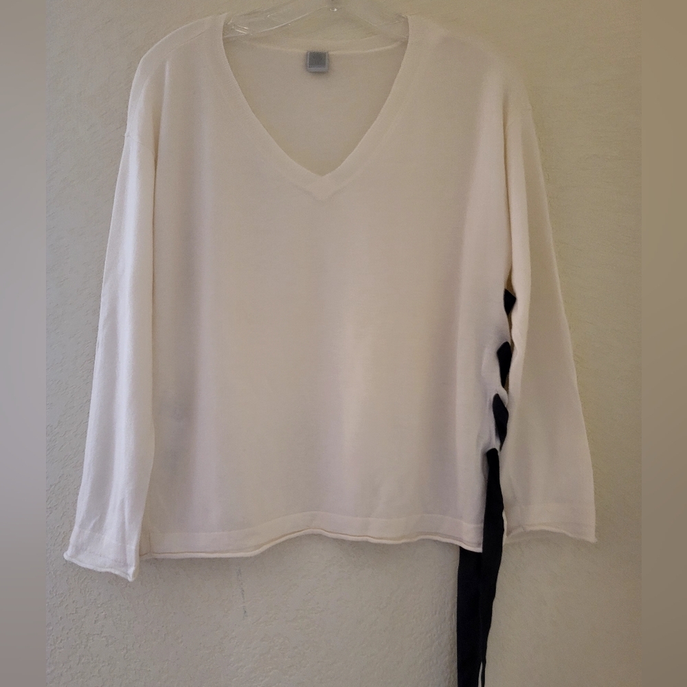 Eleventy Platinum Cashmere Sweater Ivory Womens XS V-neck Lace Up Slouchy - Picture 1 of 14